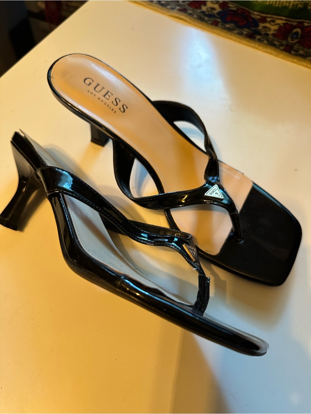 GUESS Y2K Black Patent Thong Heels with Logo Accent